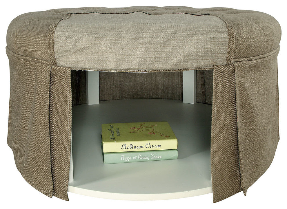 Button Tufted Fabric Upholstered Ottoman With Open Bottom Shelf, Brown