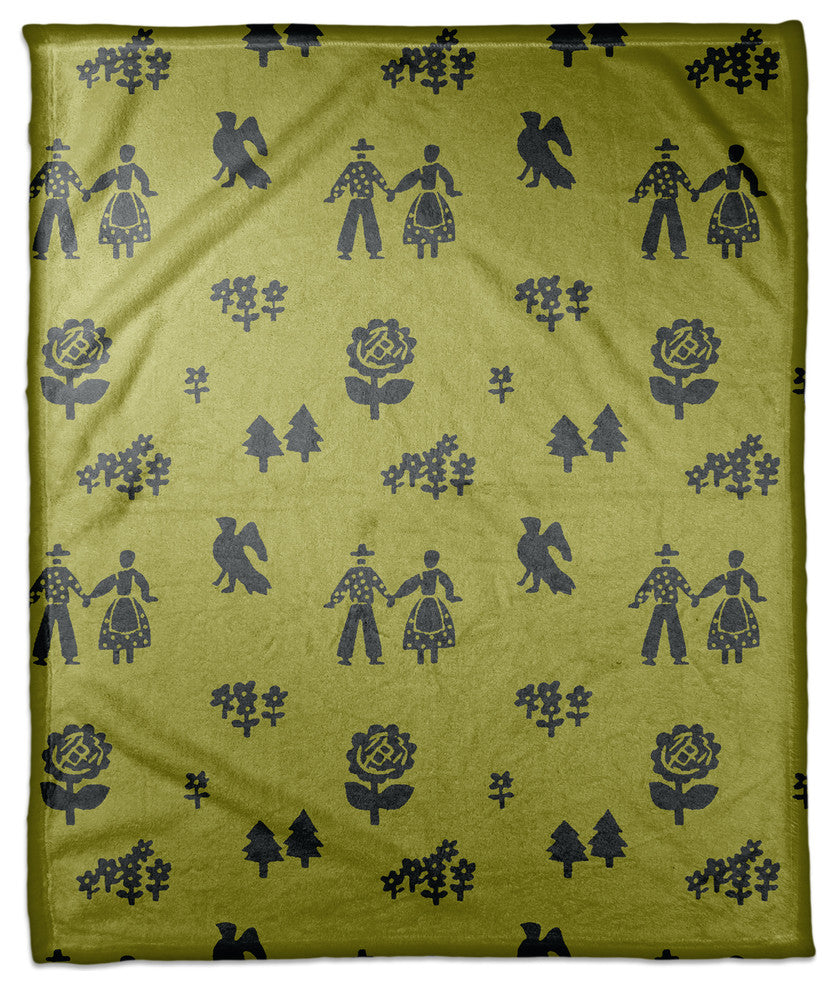 Folk Forest Motif in Green Fleece Blanket