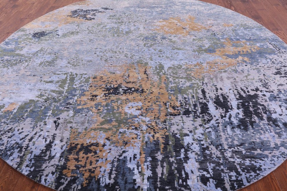 10' Round Abstract Handmade Wool & Silk Rug - Q14878