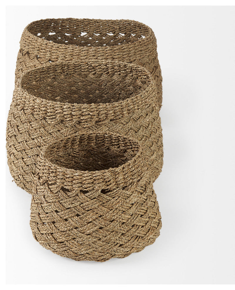 Jarek Medium Brown Seagrass Cross Weave Round Baskets, 3-Piece Set