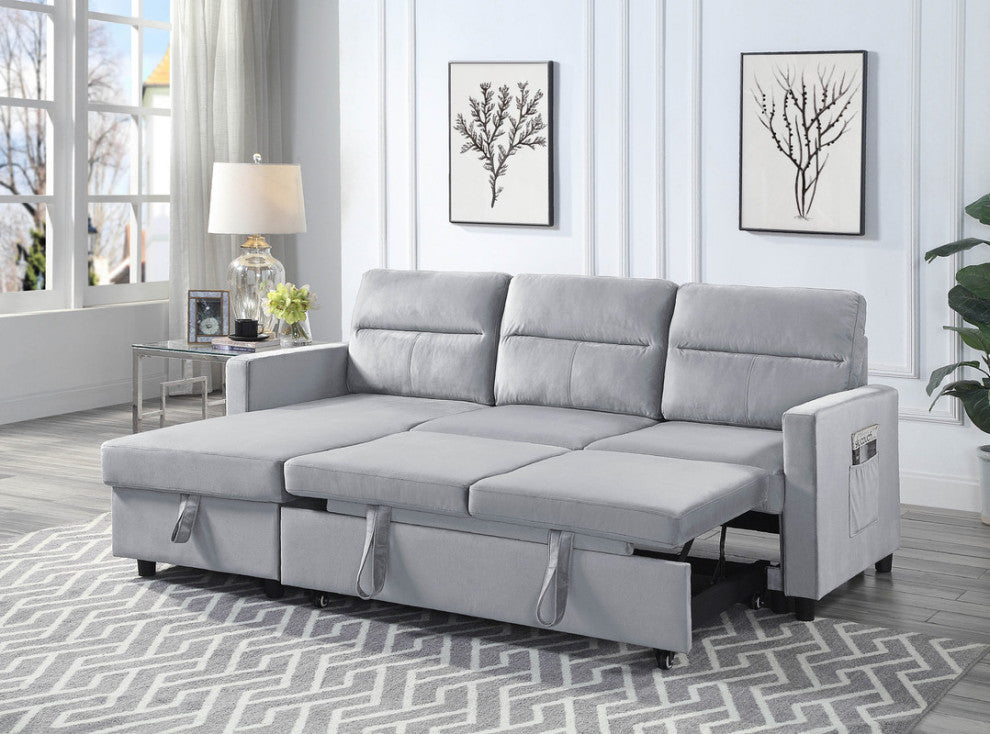 Ivy Light Gray Velvet Reversible Sleeper Sectional Storage Chaise SidePocket