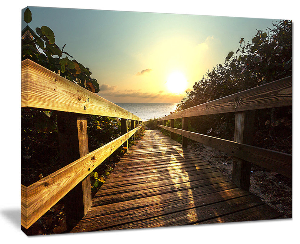 "Wood Boardwalk Into The Sunset Sea" Sea Bridge Canvas Art Print, 20"x12"