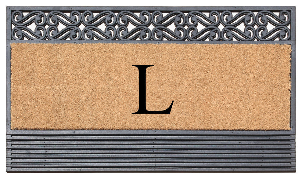 Rosewood Black/Beige 24"x36" Rubber And Coir Monogrammed Doormat, L