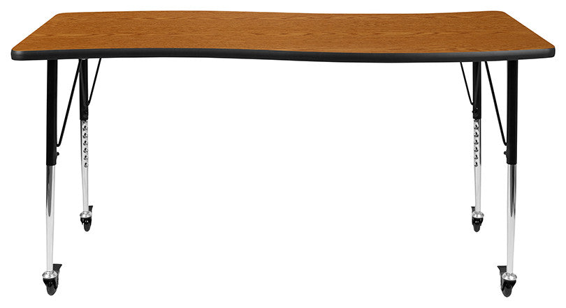 Mobile 26"x60" Wave Laminate Activity Table, Adjustable Short Legs, Oak