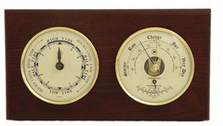 Tide Clock and Barometer With Thermometer on Mahogany Wood