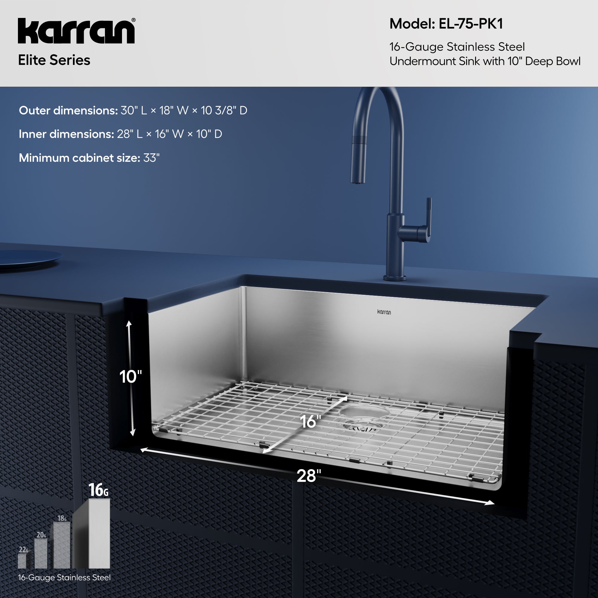 Karran 30" Undermount Large Single Bowl Stainless Steel Kitchen Sink Kit
