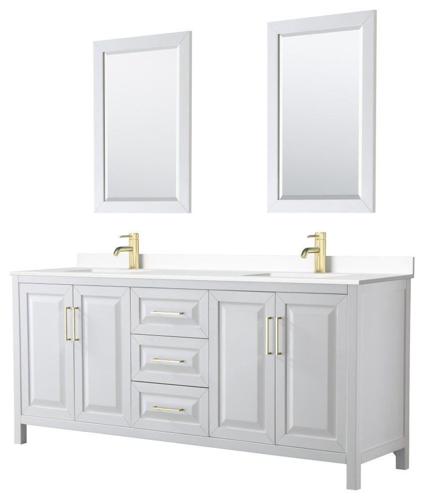80"DBL Vanity White, White Cult. Marble Countertop, Sinks, 24"Mirrors, Gold Trim