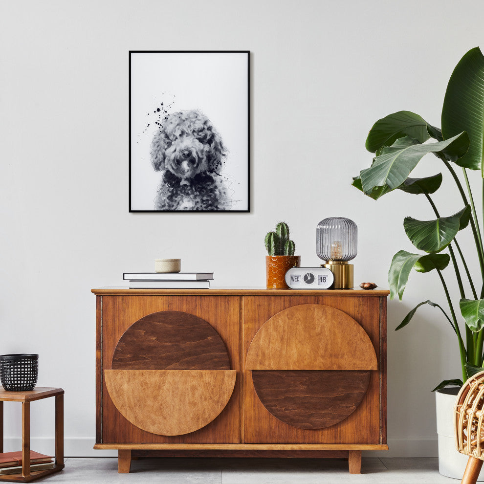 "Labradoodle" Black and White Pet Art on Printed Glass with Anodized Frame