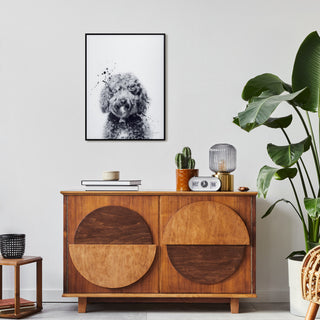 "Labradoodle" Black and White Pet Art on Printed Glass with Anodized Frame