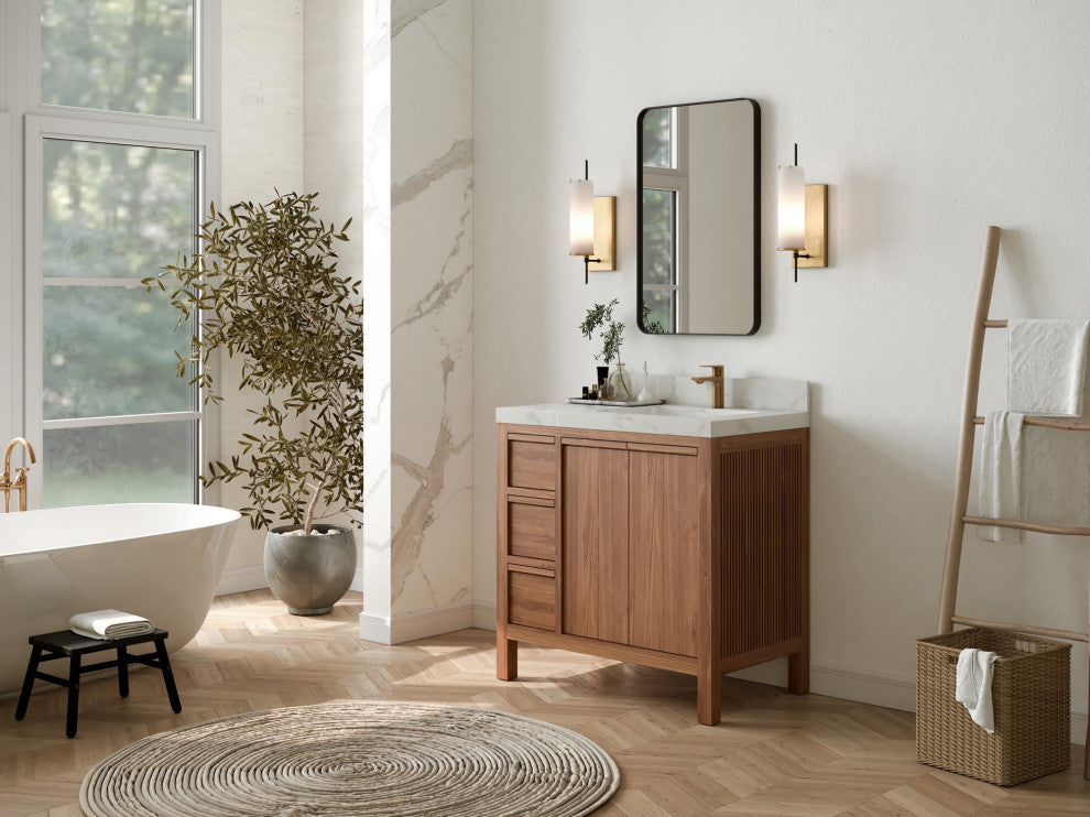 Elizabeth Teak 36" Right Offset Sink Vanity, Dark Natural 2" White Quartz