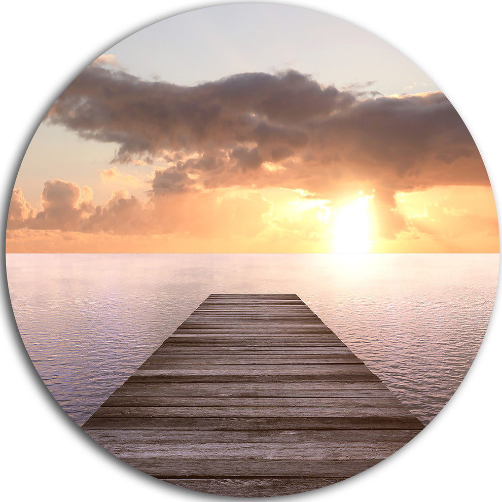 Yellow Sea And Brown Pier, Seascape Photo Round Metal Wall Art, 23"