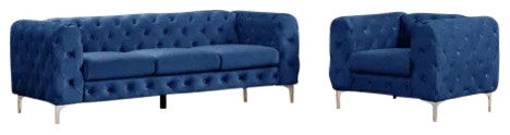 Rebekah 2 Piece Velvet Standard Foam Living Room Set Sofa+Chair, Royal Blue Velvet