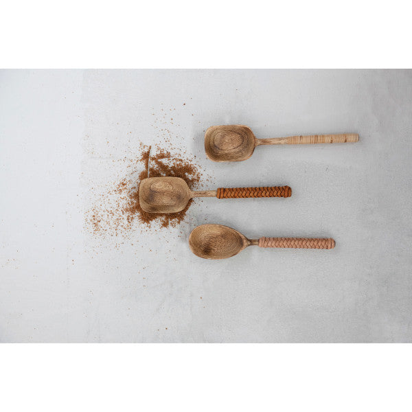 Mango Wood Spoons With Bamboo and Leather Wrapped Handles, 3-Piece Set