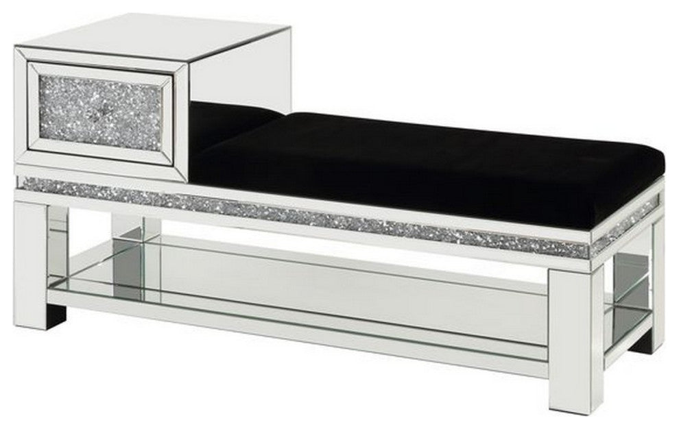 Benzara BM251186 Mirrored Storage Bench With Faux Diamonds/Open Shelf, Silver