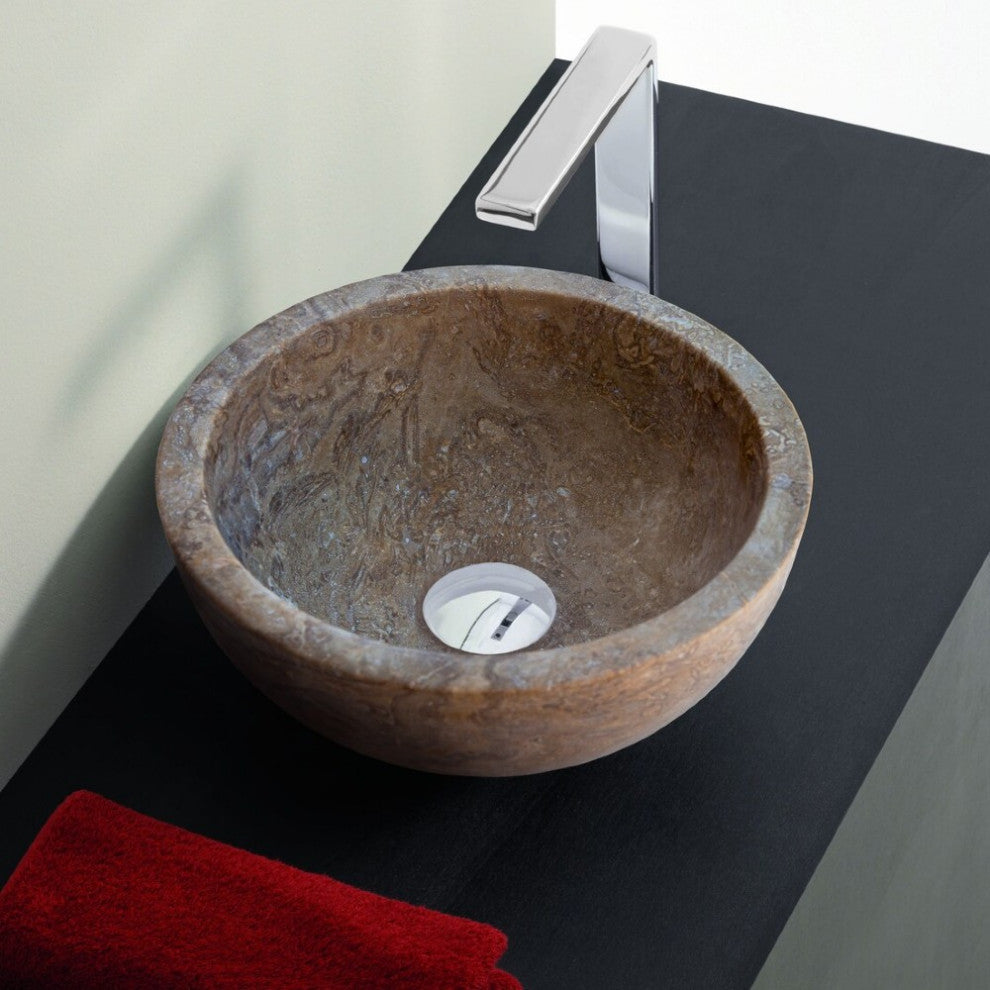 Noce Brown Travertine Natural Stone Round Vessel Sink (D)12.5" (H)6"