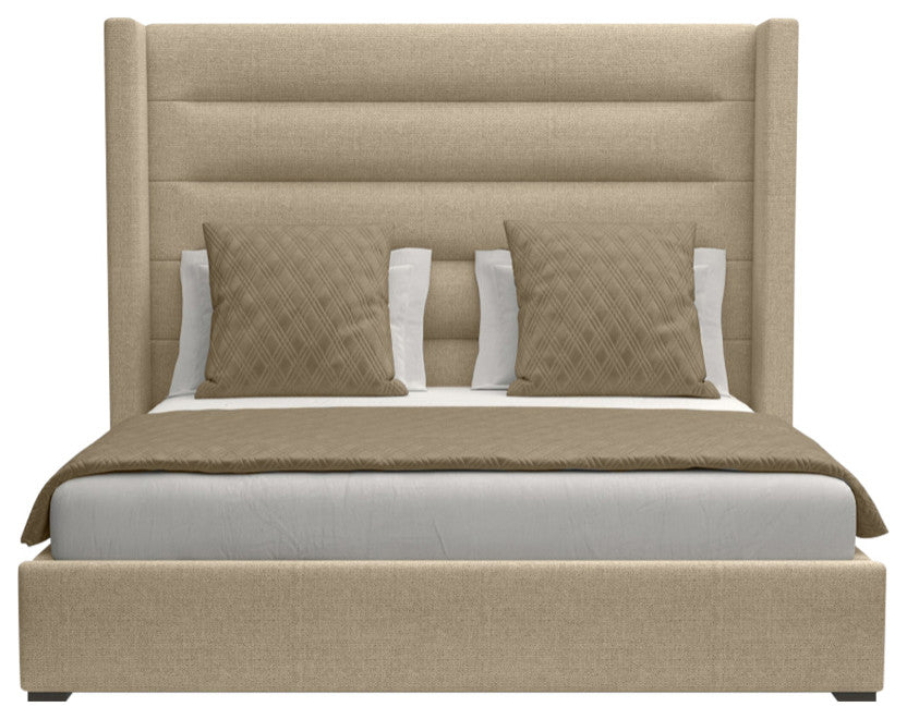 Nativa Interiors Aylet Horizontal Channel Tufted Bed, Flax, Queen, Medium Headboard