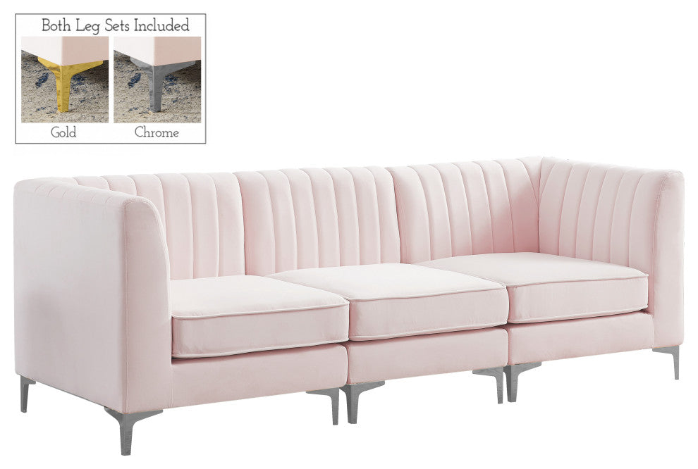 Alina Velvet Upholstered 3-Piece Modular Sectional, Pink