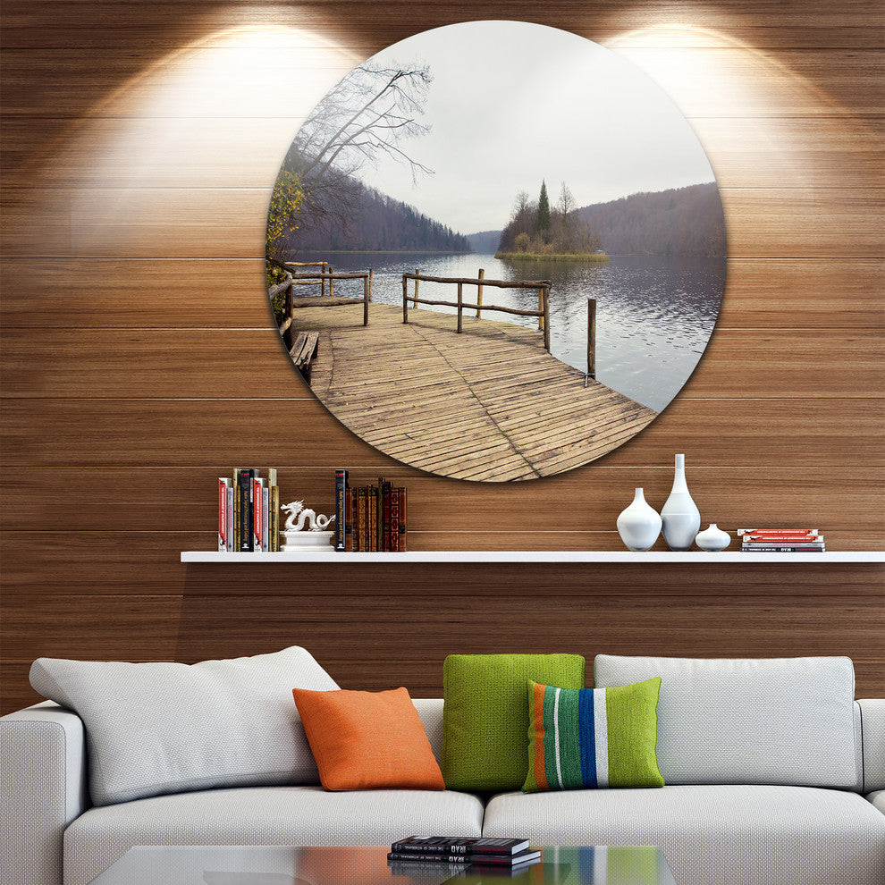 Plitvice Lakes Wooden Bridge, Landscape Photo Round Metal Wall Art, 11"