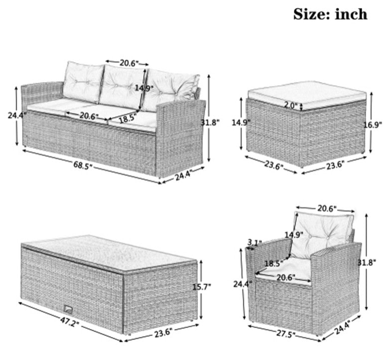 6 Piece, Outdoor Patio Sectional Set, Dark Gray