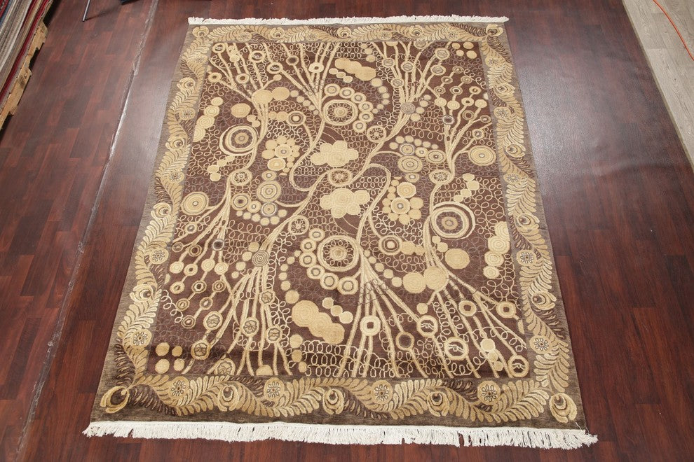Art & Craft Oriental Hand-Knotted Indian Traditional Area Rug, Brown, 9'9"X7'11"