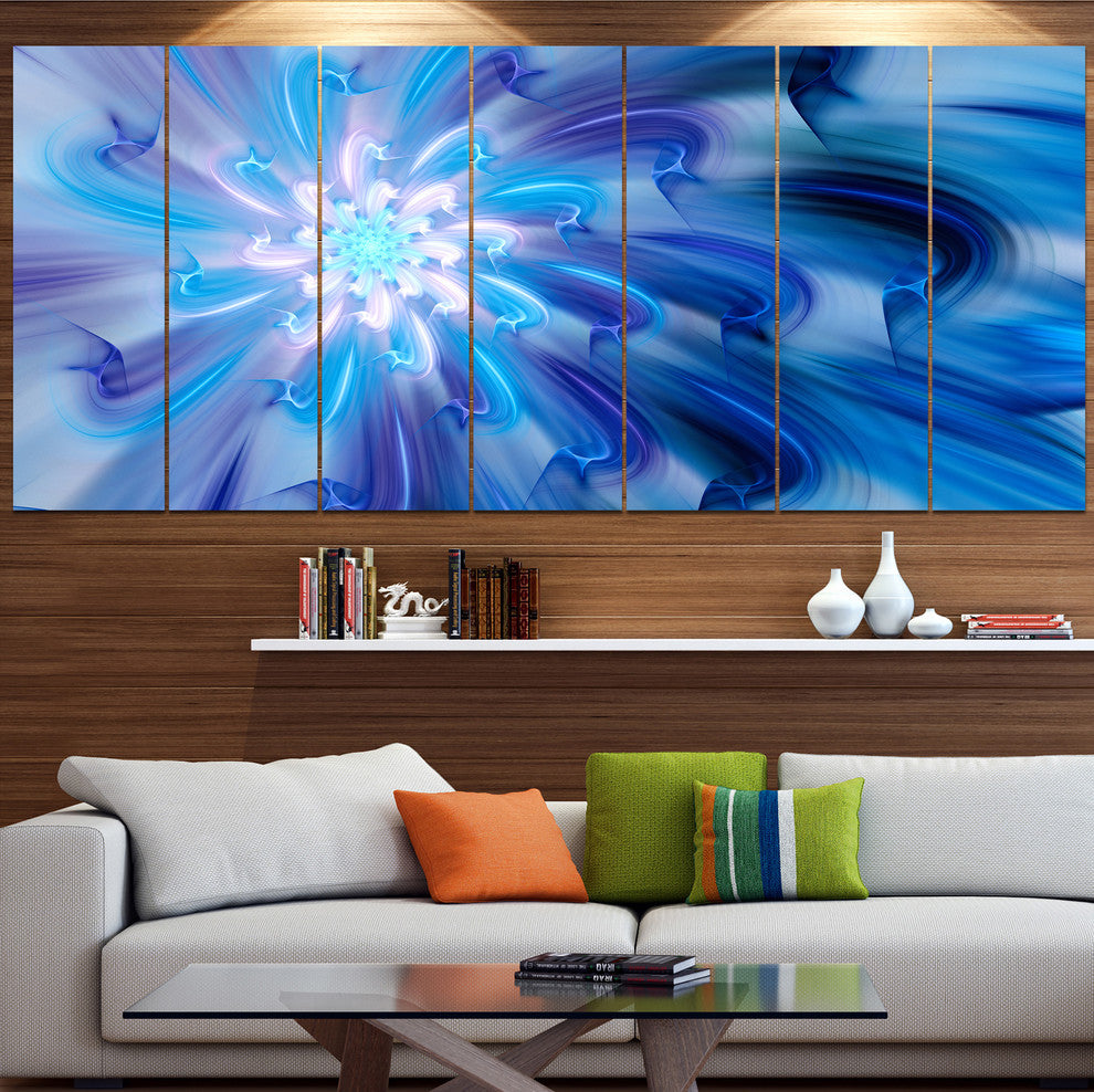 Dance of Blue Fractal Flower Petals, Floral Canvas Art Print, 83"x32", 7 Panels