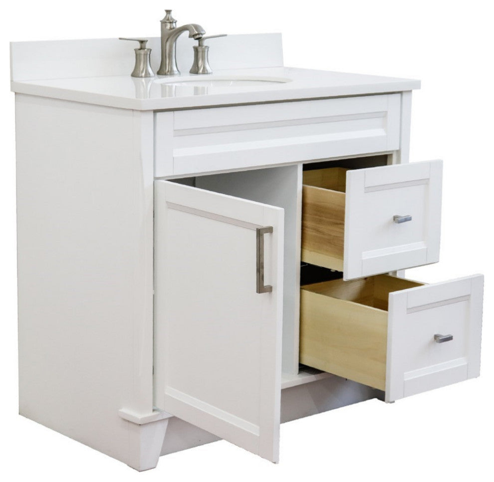 37" Single Sink Vanity, White Finish With White Engineered Stone Top
