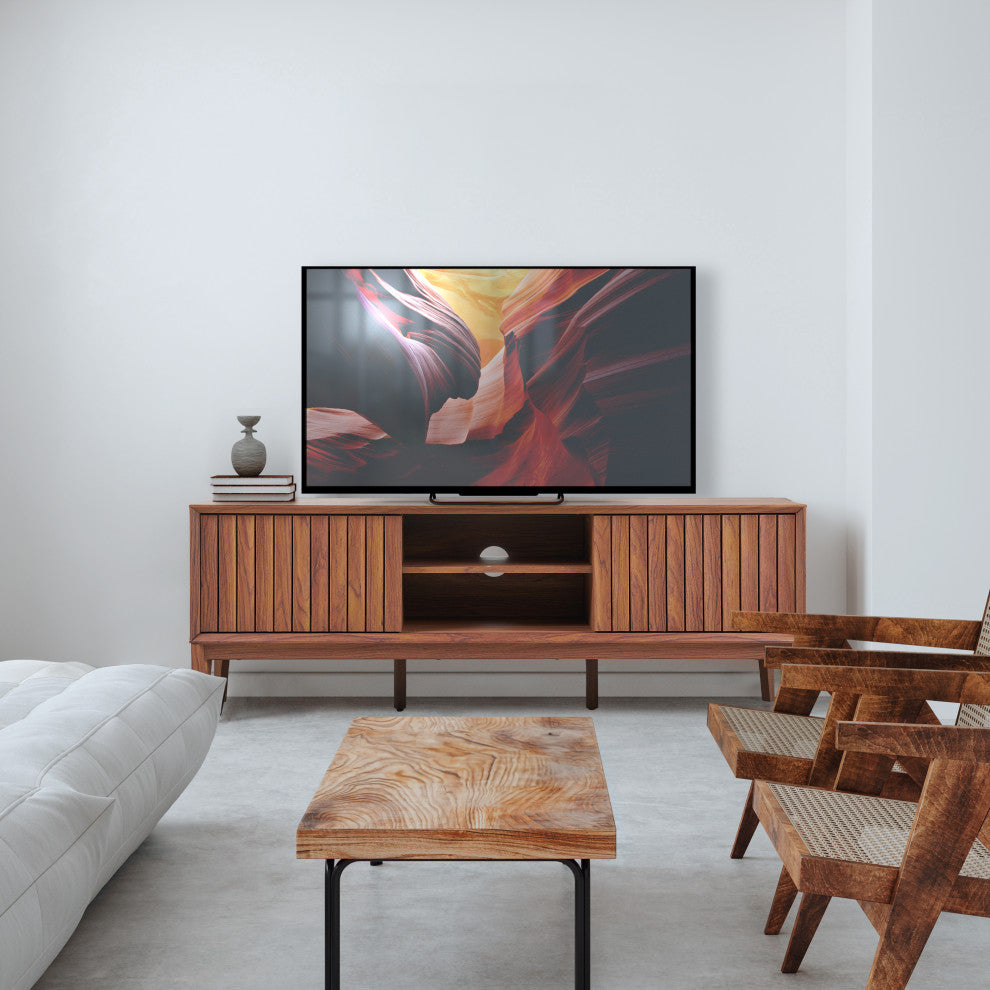3-Storage Sliding Door TV Stand Fits TVs up to 65 in, Cable Management, Walnut