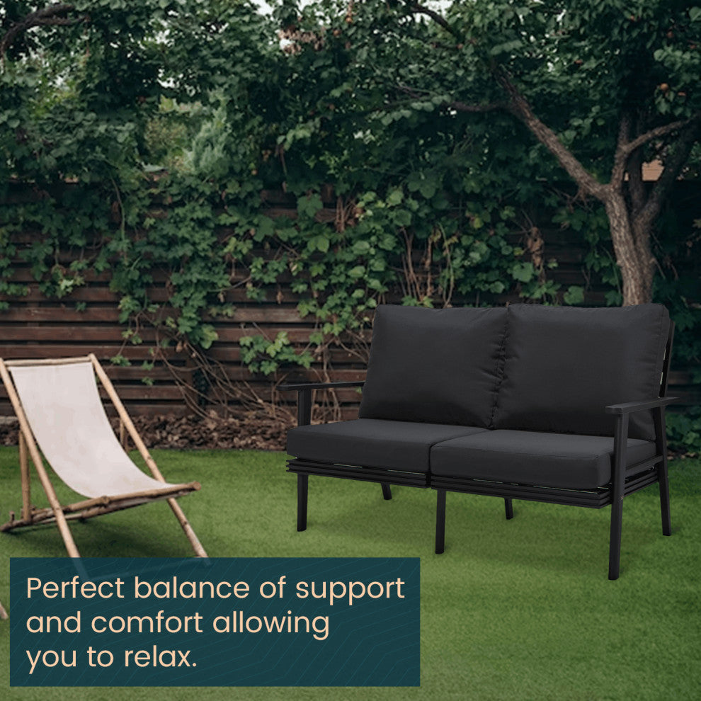 Leisuremod Walbrooke Patio Loveseat With Black Aluminum Frame, Charcoal