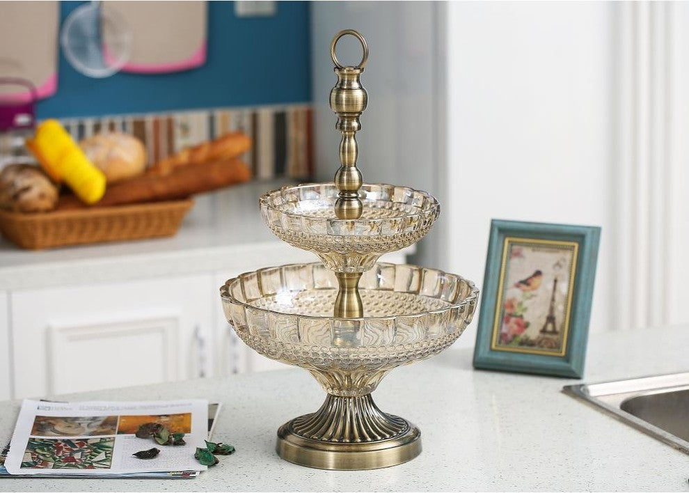 Matashi 2-Tiered Vintage High Quality Champagne Colored Glass Candy Dish