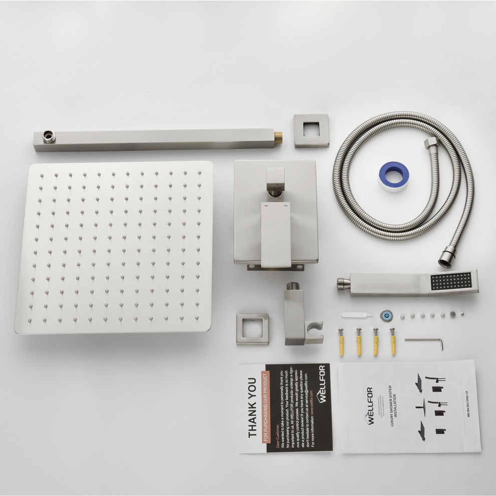Wellfor Shower Set, 12" Rain Shower Head With Handheld Combo Set and Valve, Brushed Nickel