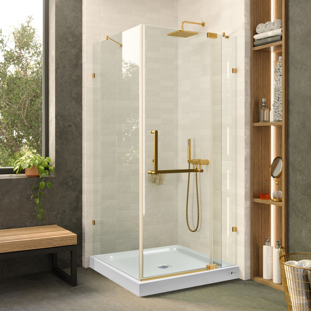 Shower Enclosure Hinged Frameless Tempered Glass, Satin Brass, 32"