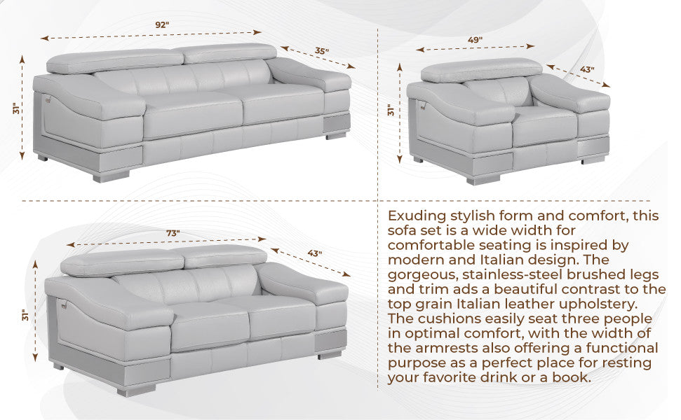 Milan Contemporary Genuine Italian Leather Loveseat Light Gray