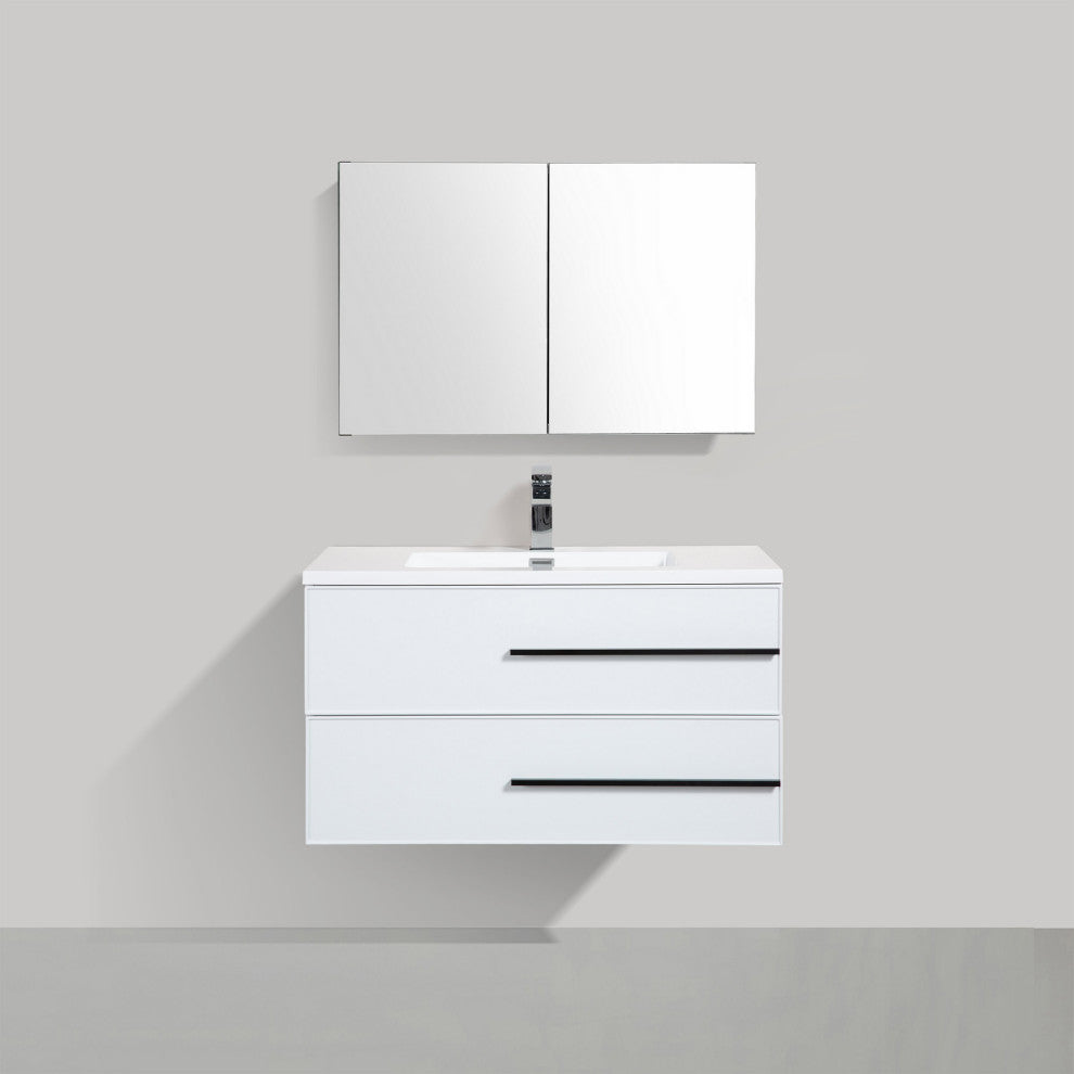 Wall-Mounted White Vanity with Sink Top and Two Drawers, 36"