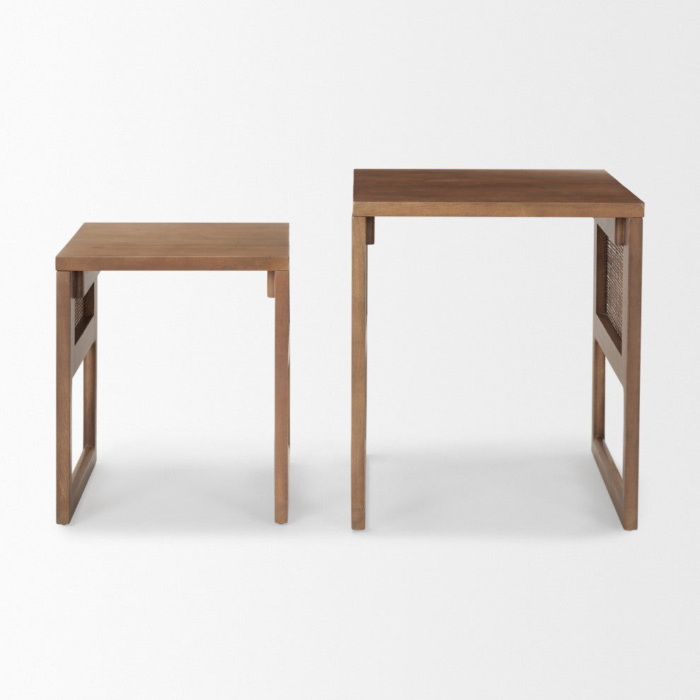Grier Medium Brown Solid Wood & Cane Nesting Accent Tables (Set of 2)