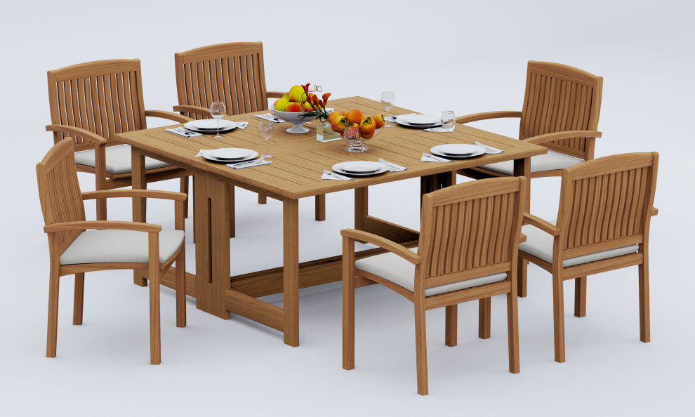 7-Piece Outdoor Teak Set, 60" Square Butterfly Table, 6-Wave Stacking Arm Chairs