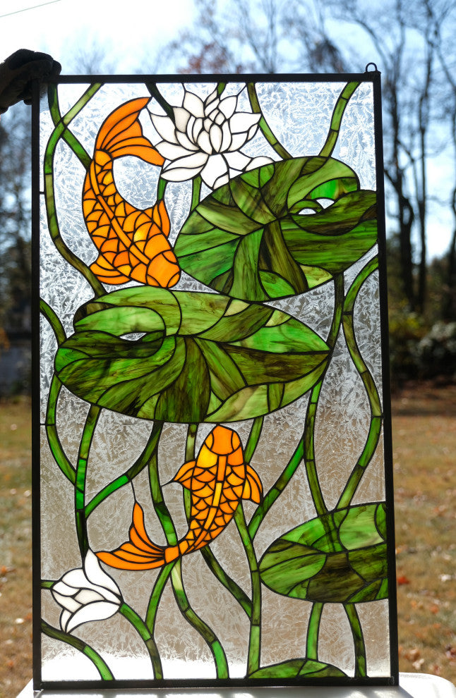 20.25" x 34.5" Fish Play Lotus Leaf Tiffany Style glass window panel