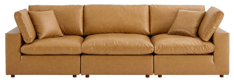 Commix Down Filled Overstuffed Vegan Leather 3-Seater Sofa - Tan