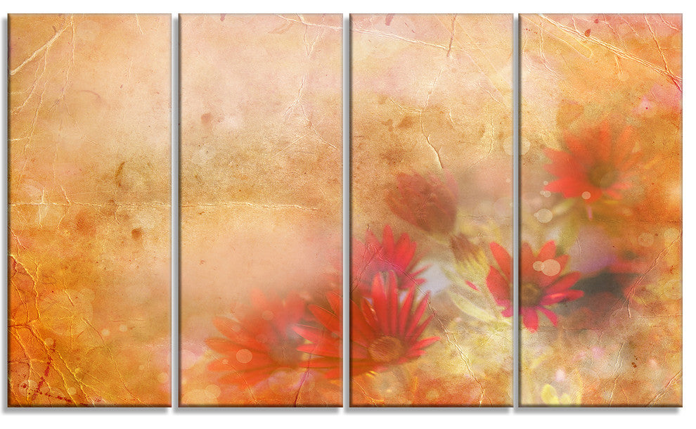 Red and Pink Flowers on Brown, Large Floral Canvas Artwork, 48"x28", 4 Panels