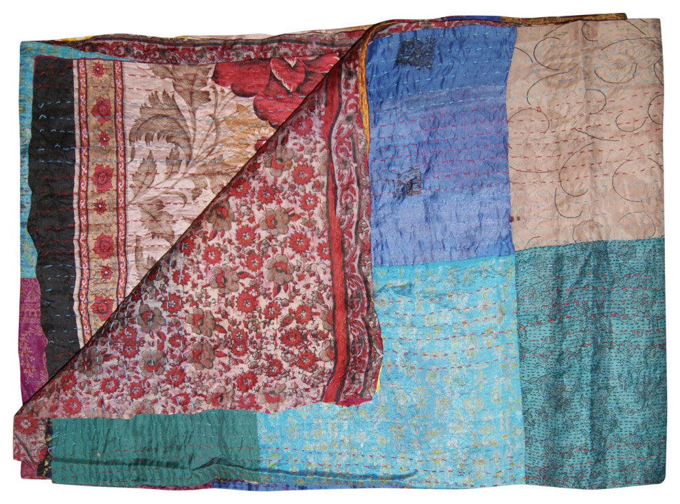 60" X 90" Blue Brown and Green Kantha Cotton Patchwork Throw with Embroidery