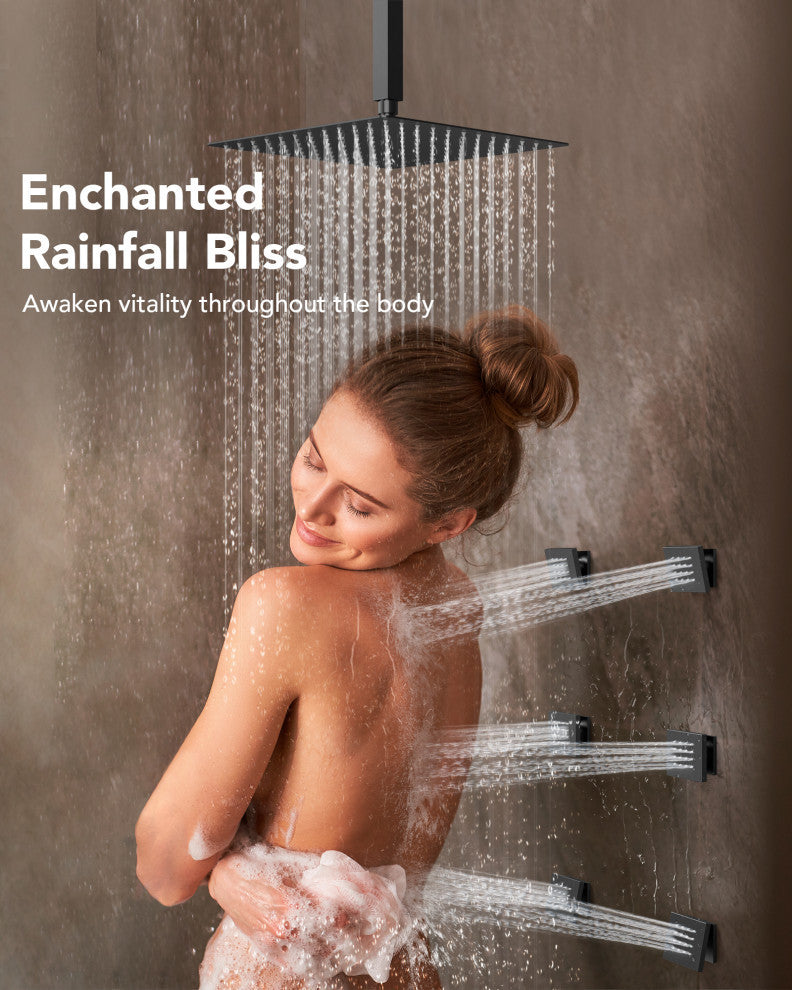 Thermostatic Shower System 12" Dual Shower Heads with Body Jet, Matte Black