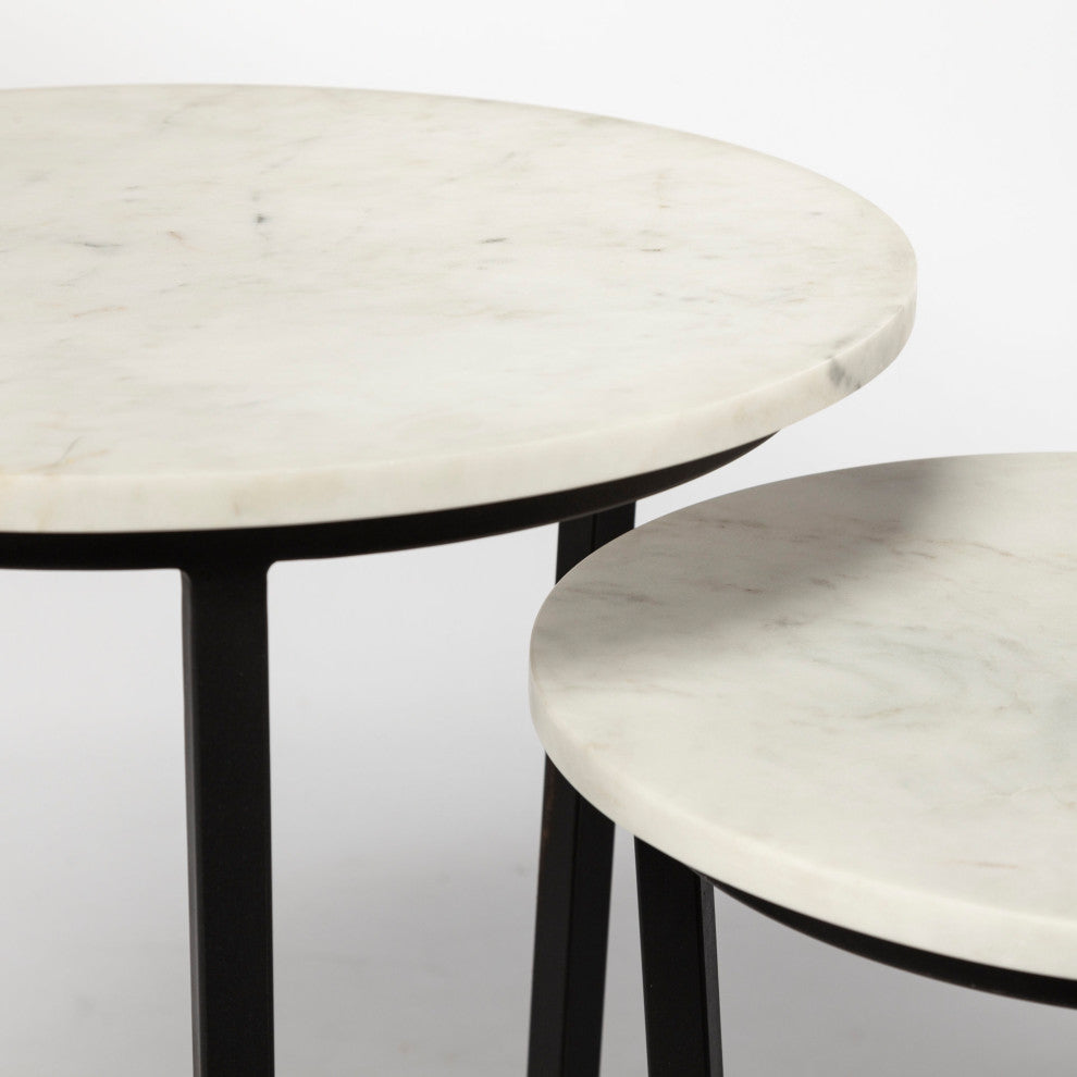 Bombola White Marble w/Black Metal Frame Round Accent Table, Small