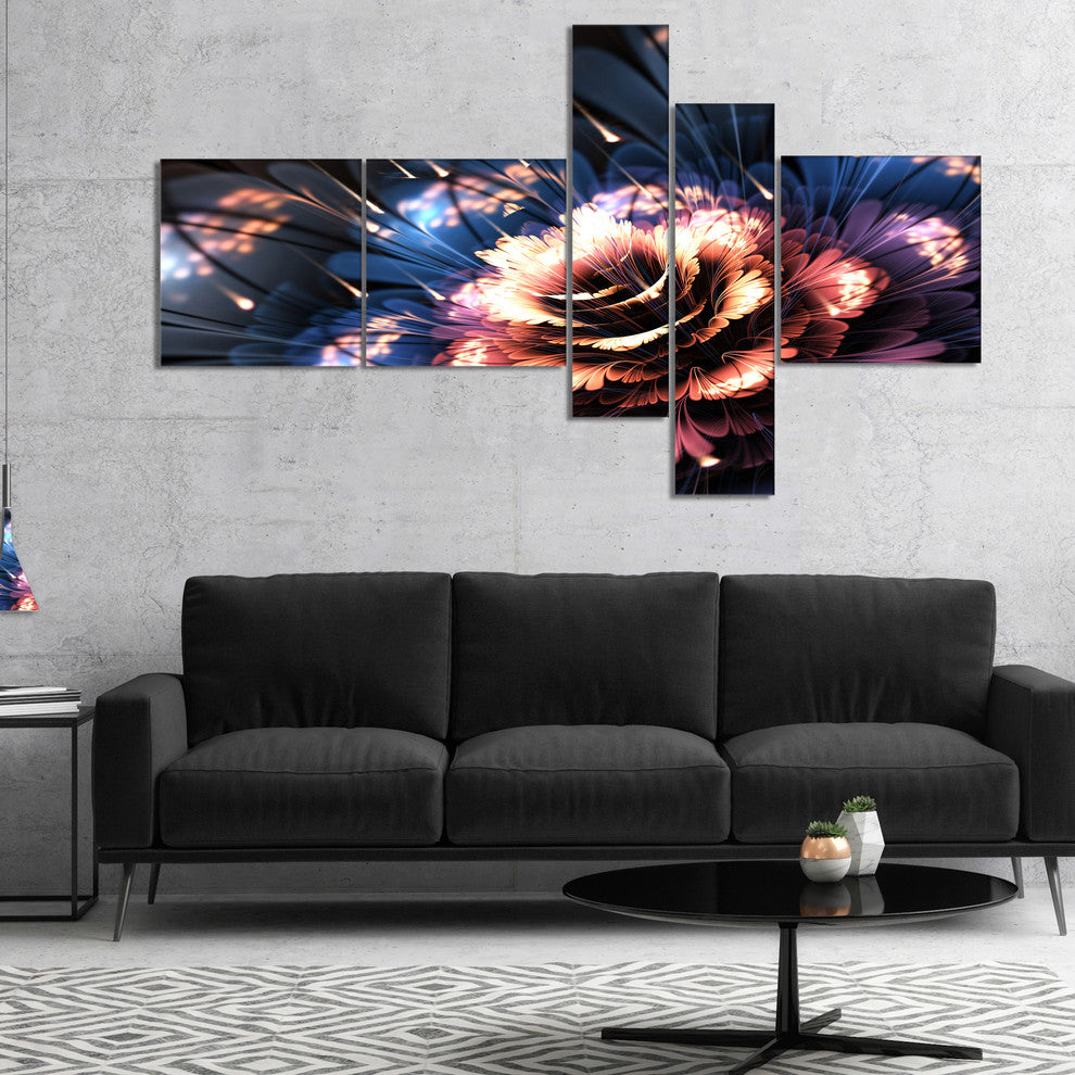 Fractal Flower Orange and Blue, Large Floral Art Canvas Print, 60"x32", 5 panels