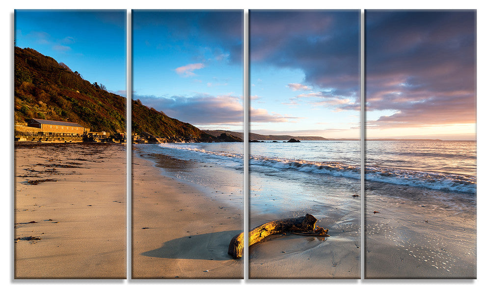 "Looe Cornwall Beach At Sunrise" Modern Beach Wall Art, 4 Panels, 48"x28"