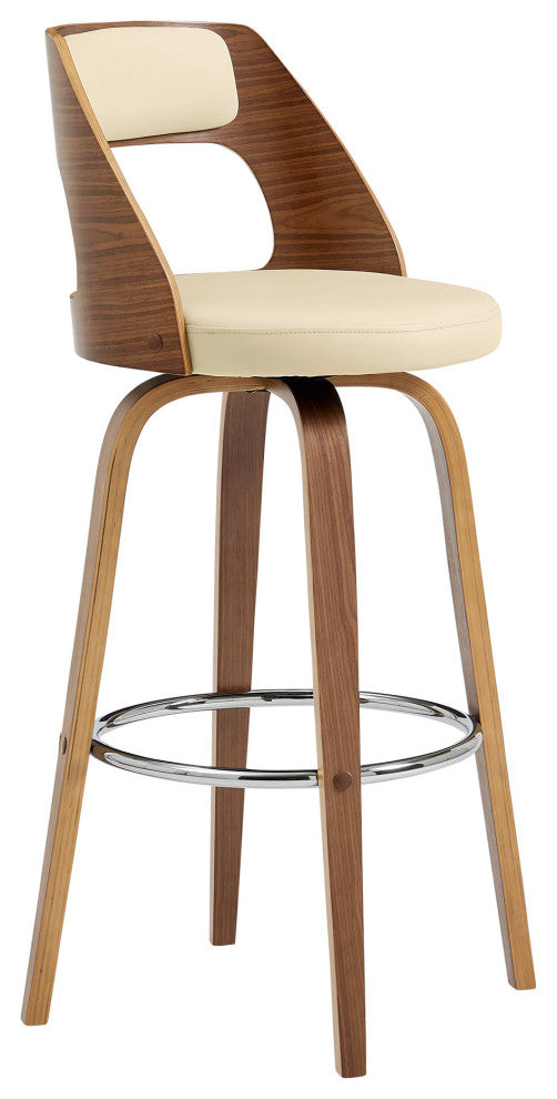 26" Retro Mod Cream Faux Leather and Walnut Swivel Counter Stool