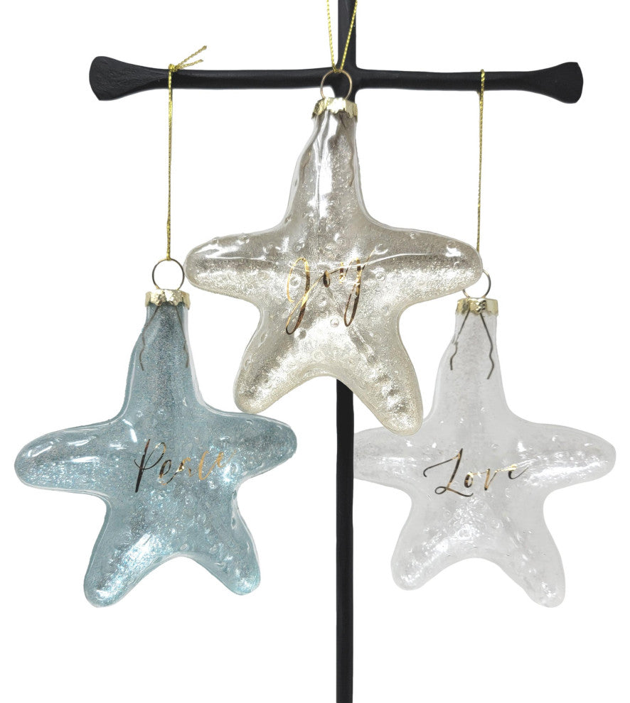 Coastal Clear Starfish Ornament Art Glass Gold Holiday 4 in Sparkly, Clear/White - Love