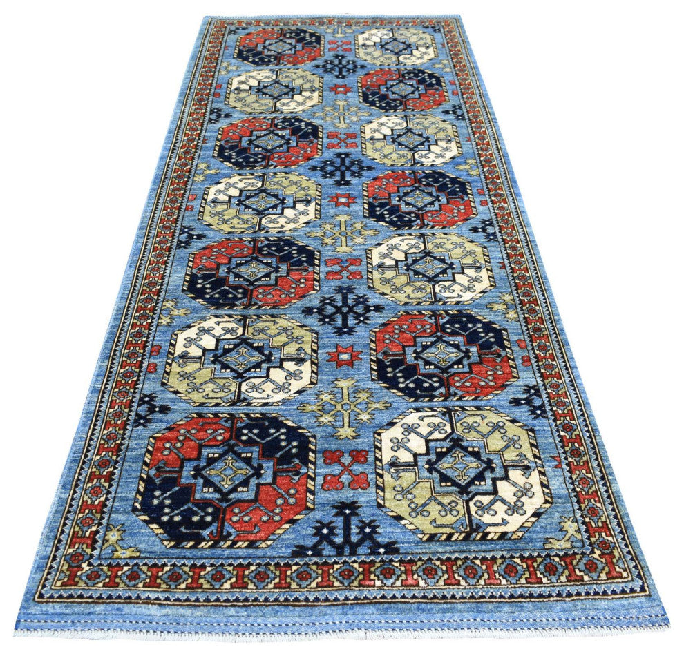 Extra Soft Wool Hand Knotted Blue Afghan Ersari Wide Runner Rug, 4'1" x 9'9"