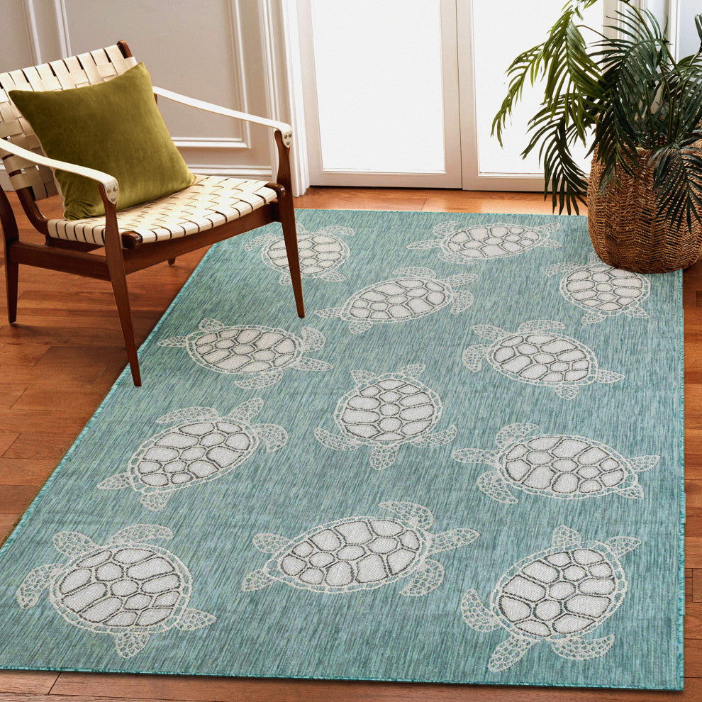 Carmel Seaturtles Indoor/Outdoor Rug, Aqua, 4'10"x7'6"