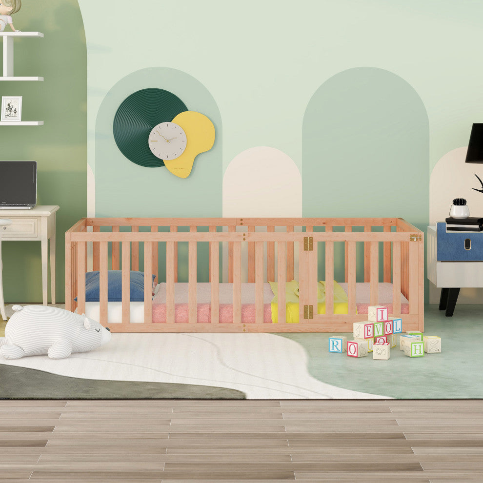 TATEUS Stylish and Versatile Floor Bed for Kids"™Bedroom Fences, Natural, Twin