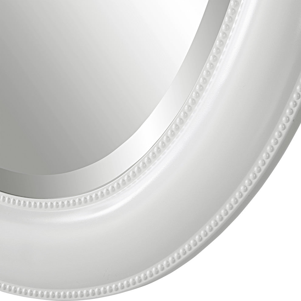29 Inch Wood Wall Mirror, Beaded Oval Shape, White