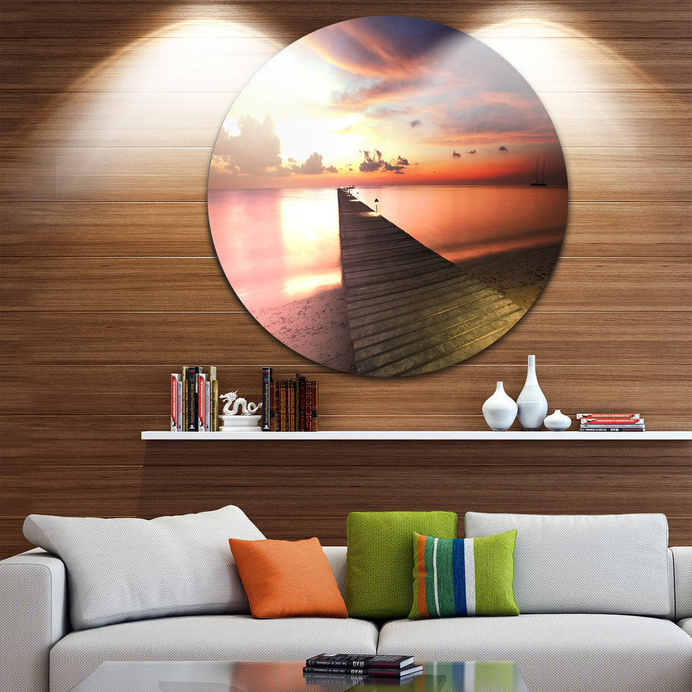 Wooden Boardwalk Into Colorful Sea, Sea Bridge Disc Metal Wall Art, 23"